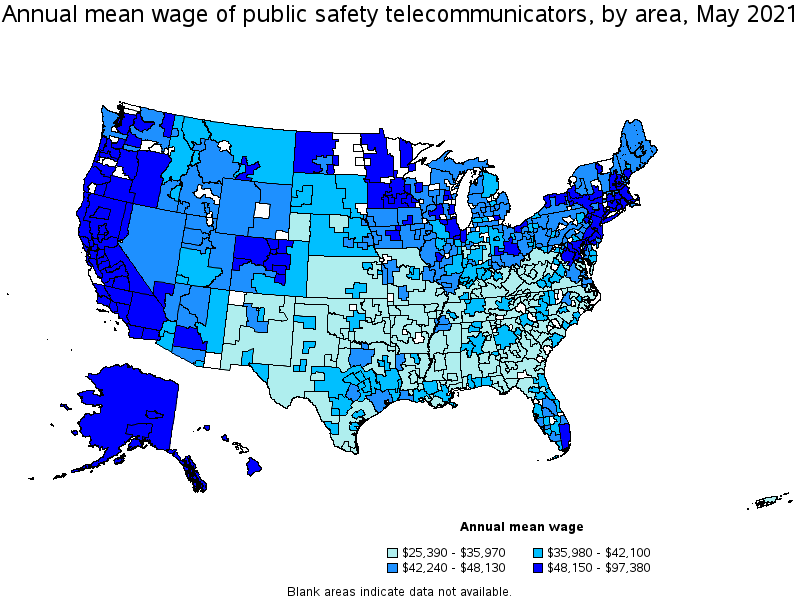 Map of annual mean wages of public safety telecommunicators by area, May 2021