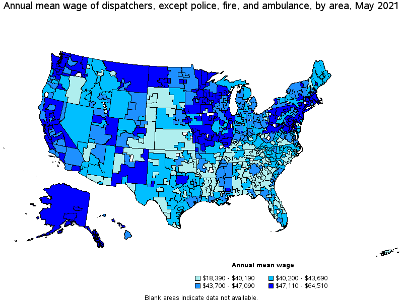Map of annual mean wages of dispatchers, except police, fire, and ambulance by area, May 2021