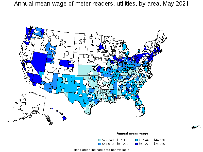 Map of annual mean wages of meter readers, utilities by area, May 2021