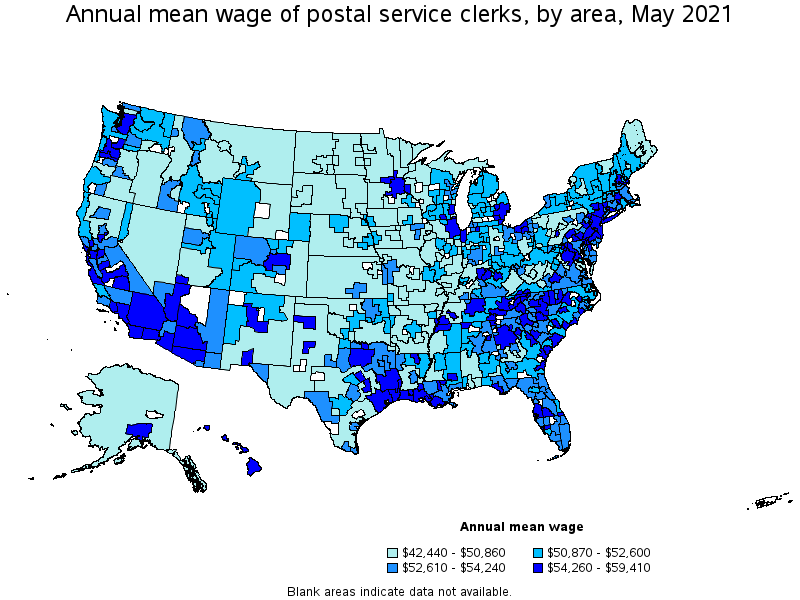 Map of annual mean wages of postal service clerks by area, May 2021