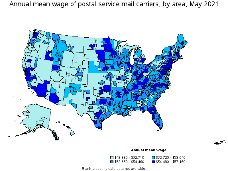 Map of annual mean wages of postal service mail carriers by area, May 2021