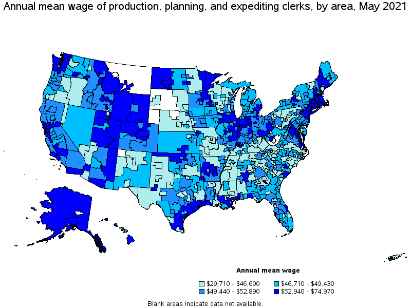 Map of annual mean wages of production, planning, and expediting clerks by area, May 2021