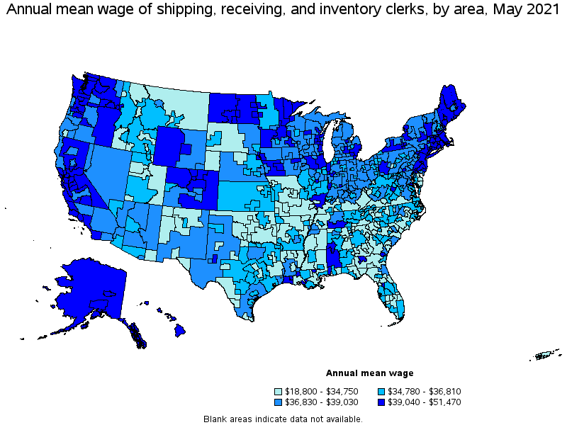 Map of annual mean wages of shipping, receiving, and inventory clerks by area, May 2021