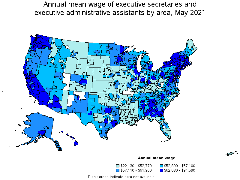 Map of annual mean wages of executive secretaries and executive administrative assistants by area, May 2021