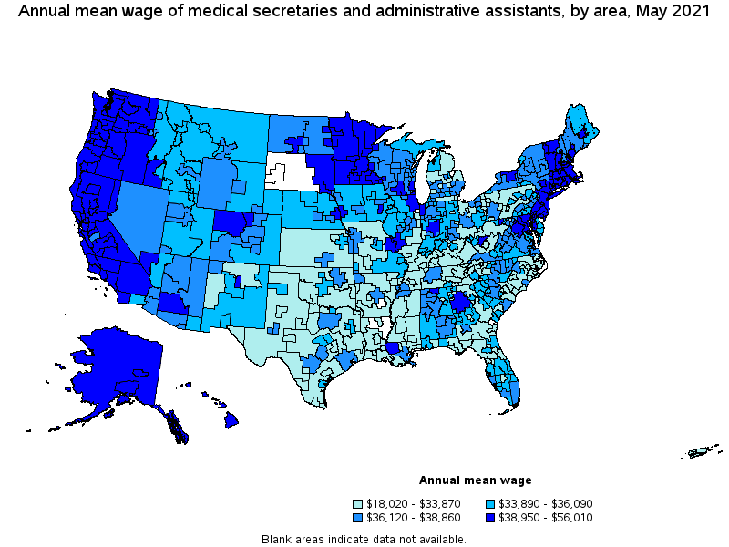 Map of annual mean wages of medical secretaries and administrative assistants by area, May 2021