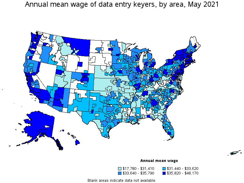 Map of annual mean wages of data entry keyers by area, May 2021