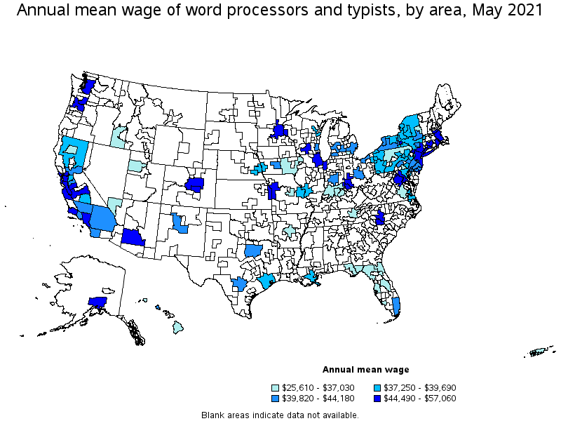 Map of annual mean wages of word processors and typists by area, May 2021