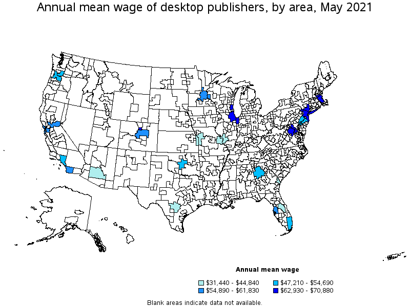 Map of annual mean wages of desktop publishers by area, May 2021