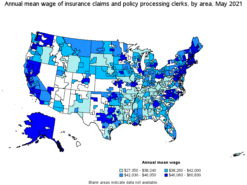 Map of annual mean wages of insurance claims and policy processing clerks by area, May 2021