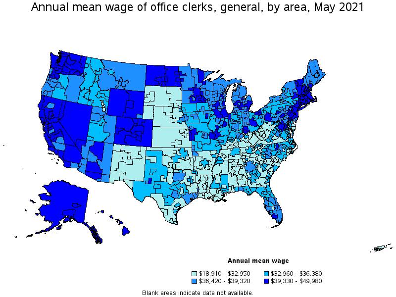 Map of annual mean wages of office clerks, general by area, May 2021