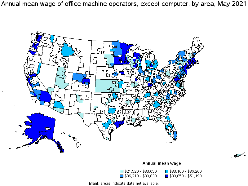 Map of annual mean wages of office machine operators, except computer by area, May 2021