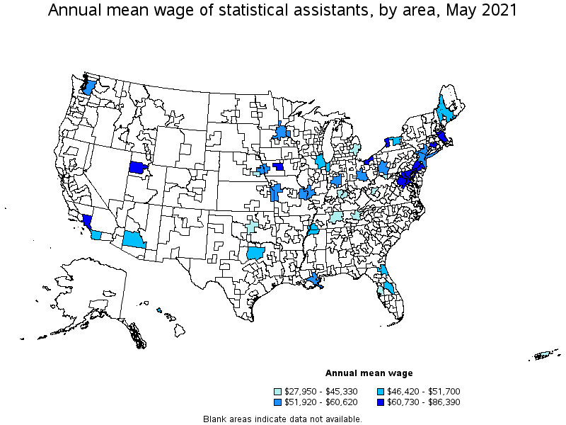 Map of annual mean wages of statistical assistants by area, May 2021