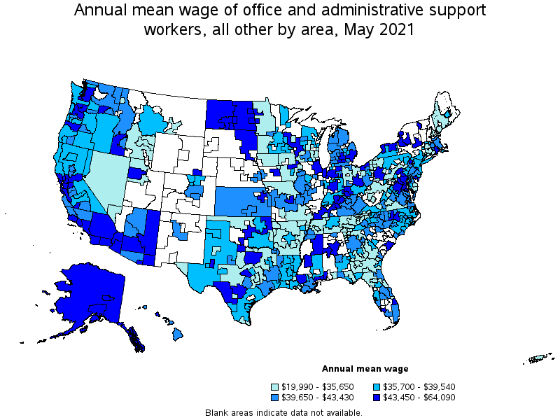 Map of annual mean wages of office and administrative support workers, all other by area, May 2021