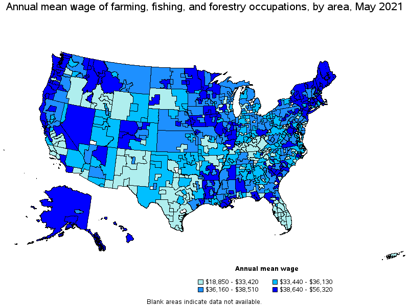 Map of annual mean wages of farming, fishing, and forestry occupations by area, May 2021