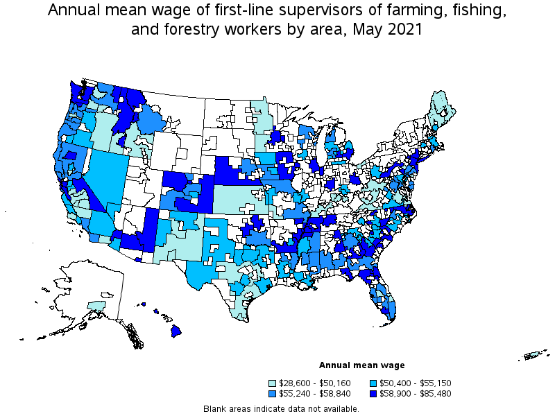 Map of annual mean wages of first-line supervisors of farming, fishing, and forestry workers by area, May 2021