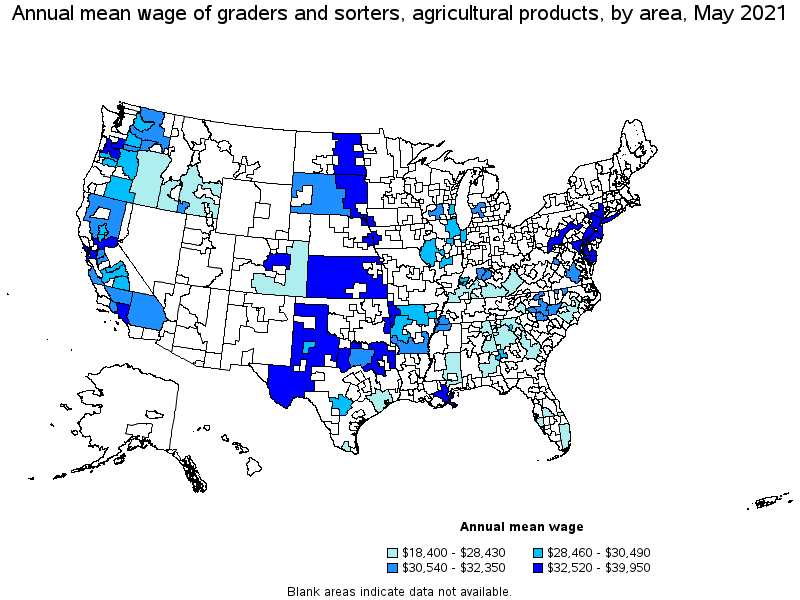 Map of annual mean wages of graders and sorters, agricultural products by area, May 2021