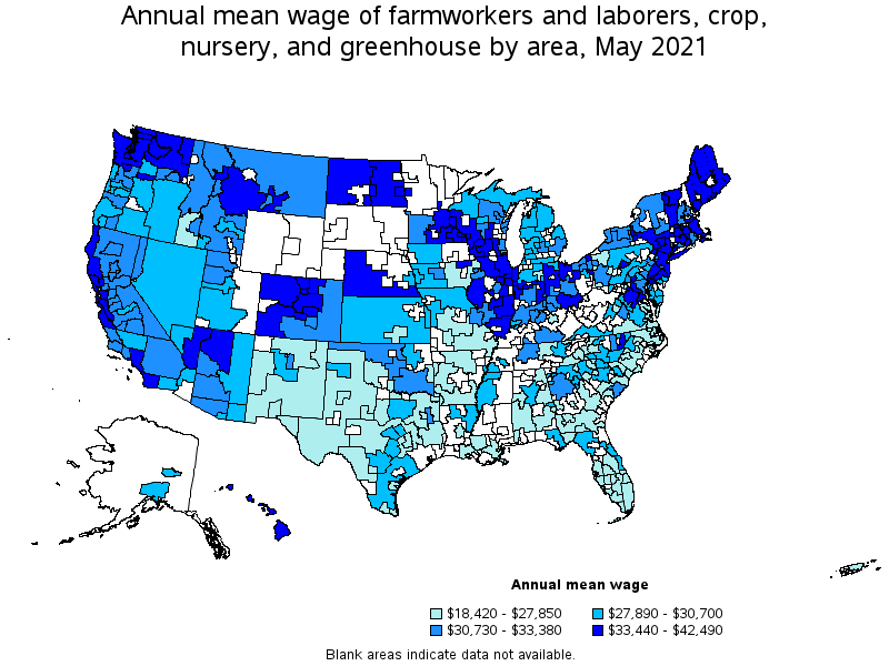 Map of annual mean wages of farmworkers and laborers, crop, nursery, and greenhouse by area, May 2021