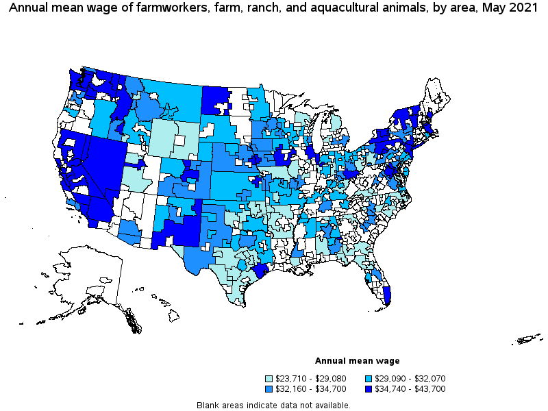 Map of annual mean wages of farmworkers, farm, ranch, and aquacultural animals by area, May 2021