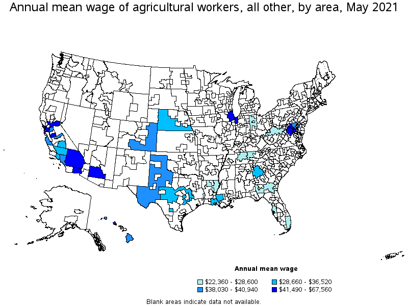 Map of annual mean wages of agricultural workers, all other by area, May 2021