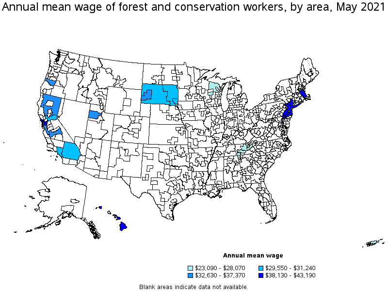 Map of annual mean wages of forest and conservation workers by area, May 2021