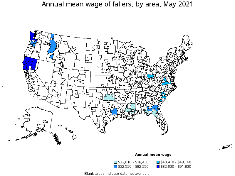 Map of annual mean wages of fallers by area, May 2021