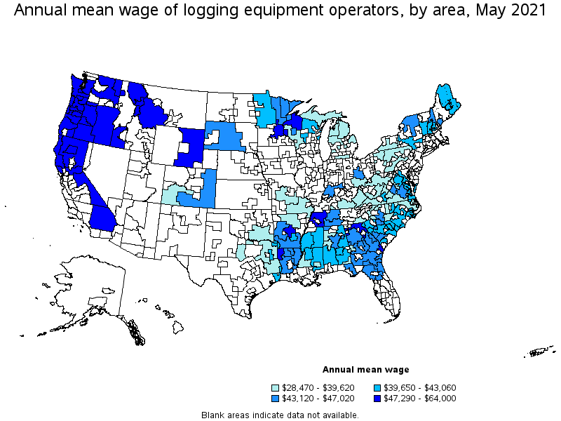 Map of annual mean wages of logging equipment operators by area, May 2021