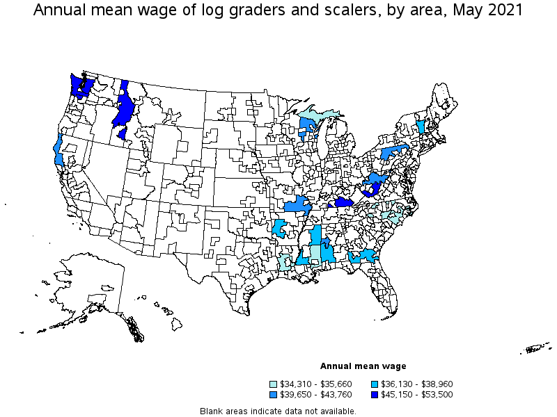 Map of annual mean wages of log graders and scalers by area, May 2021