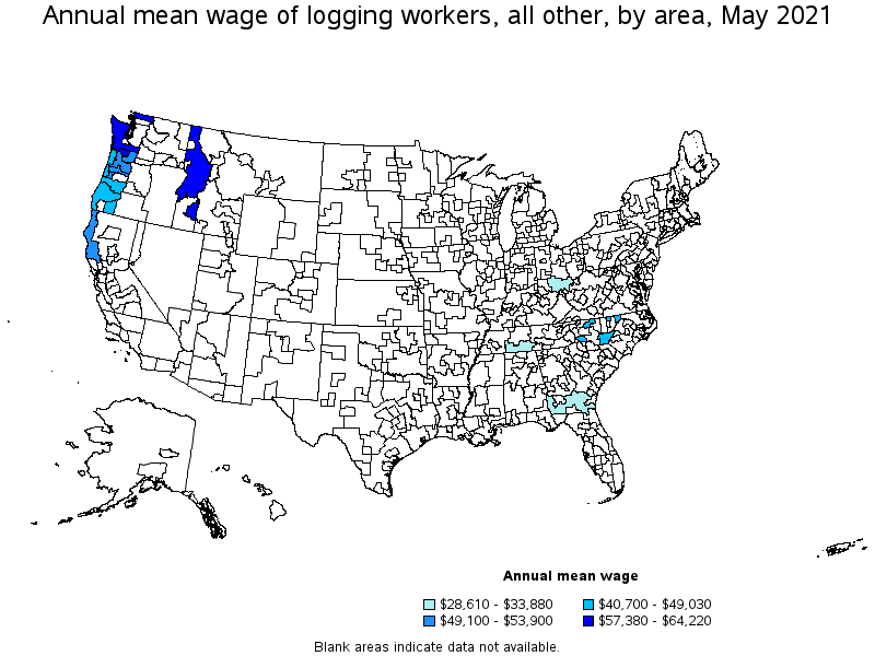 Map of annual mean wages of logging workers, all other by area, May 2021
