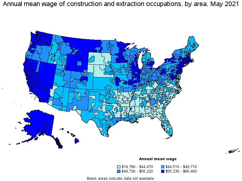 Map of annual mean wages of construction and extraction occupations by area, May 2021