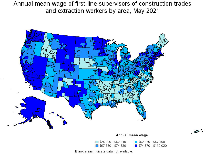 Map of annual mean wages of first-line supervisors of construction trades and extraction workers by area, May 2021