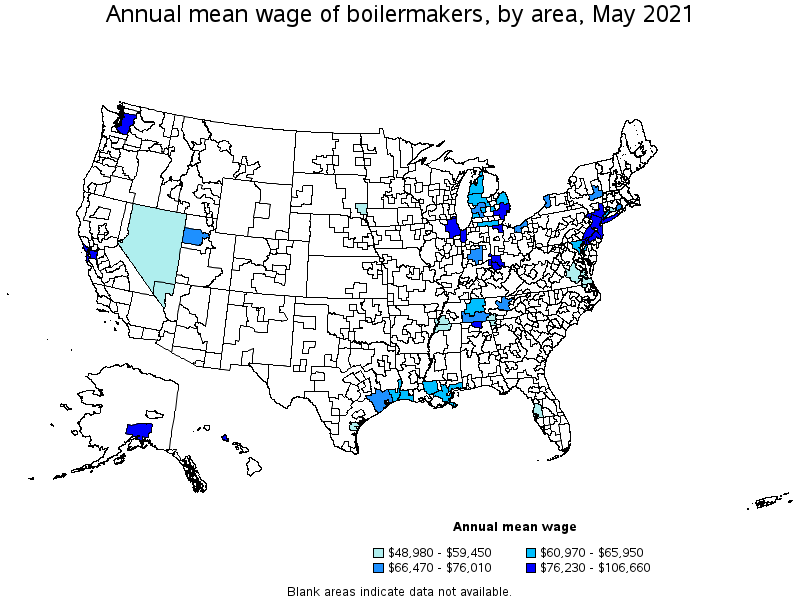 Map of annual mean wages of boilermakers by area, May 2021