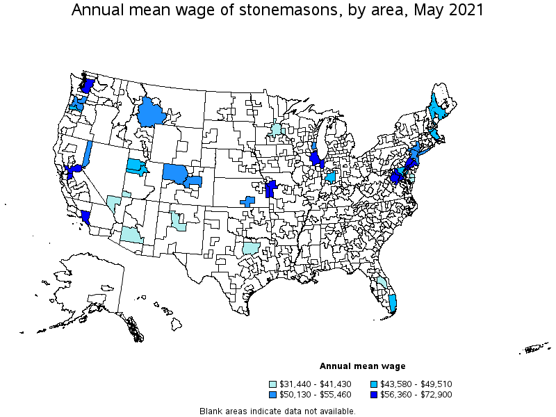 Map of annual mean wages of stonemasons by area, May 2021