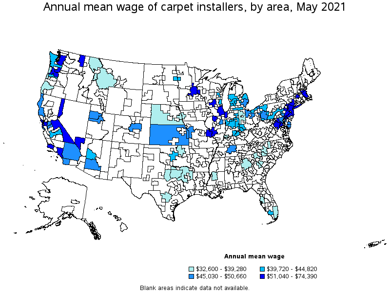 Map of annual mean wages of carpet installers by area, May 2021