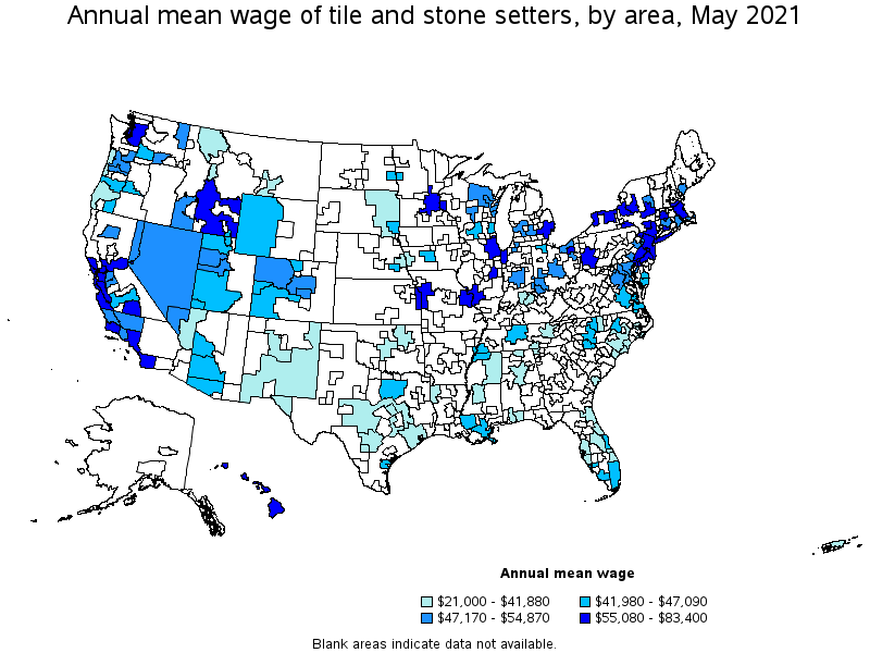 Map of annual mean wages of tile and stone setters by area, May 2021