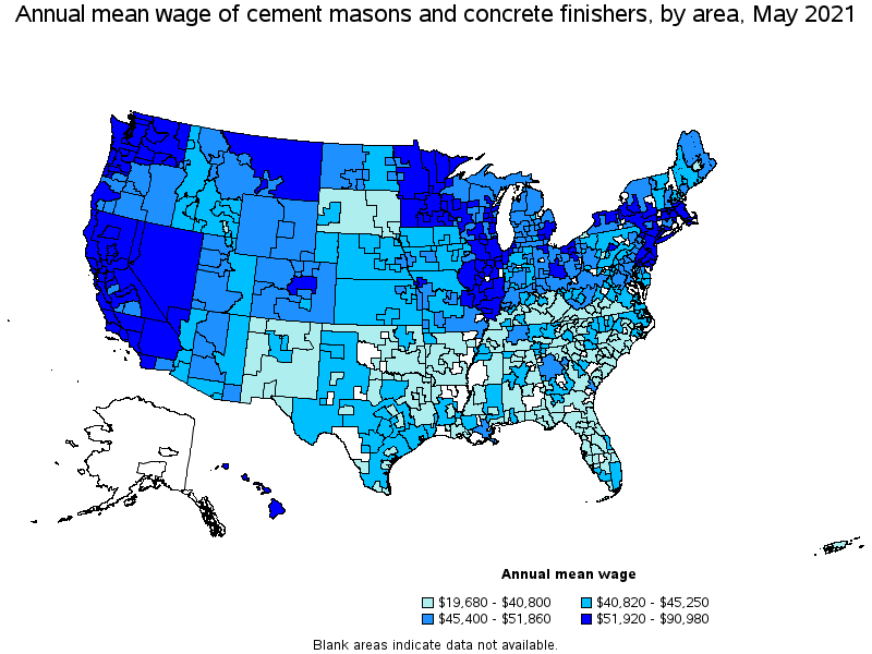 Map of annual mean wages of cement masons and concrete finishers by area, May 2021