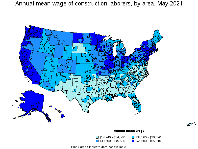 Map of annual mean wages of construction laborers by area, May 2021