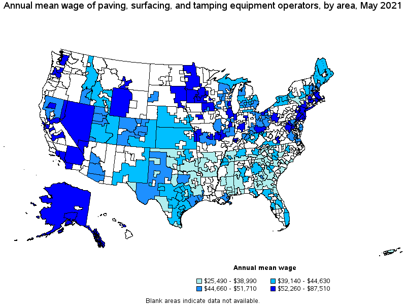 Map of annual mean wages of paving, surfacing, and tamping equipment operators by area, May 2021