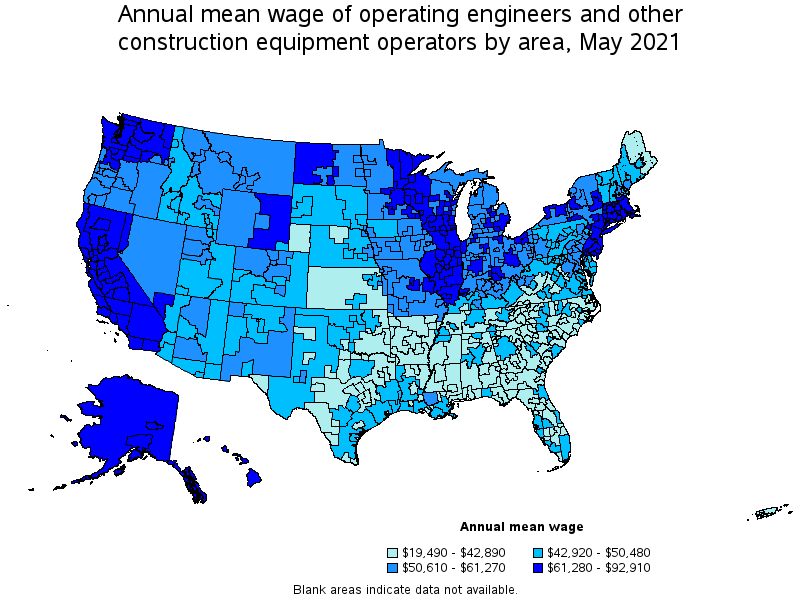 Map of annual mean wages of operating engineers and other construction equipment operators by area, May 2021