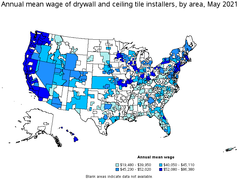 Map of annual mean wages of drywall and ceiling tile installers by area, May 2021