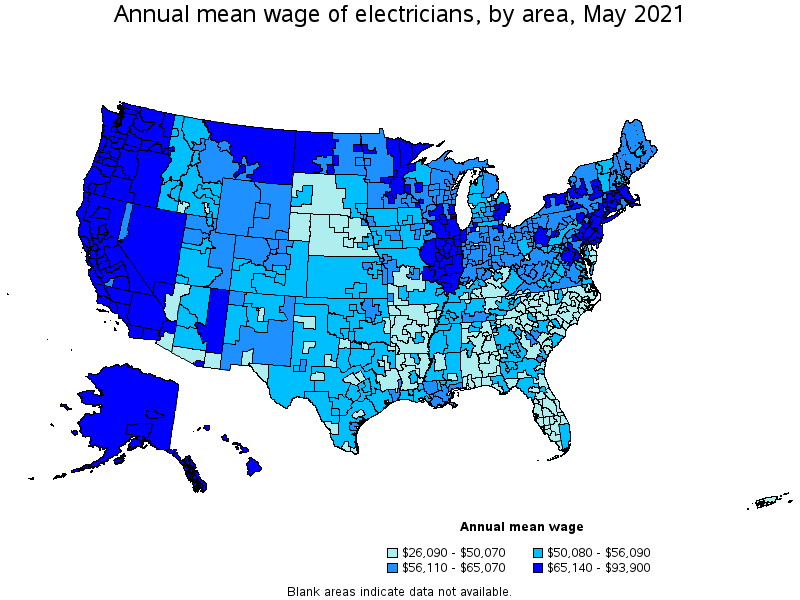 Map of annual mean wages of electricians by area, May 2021