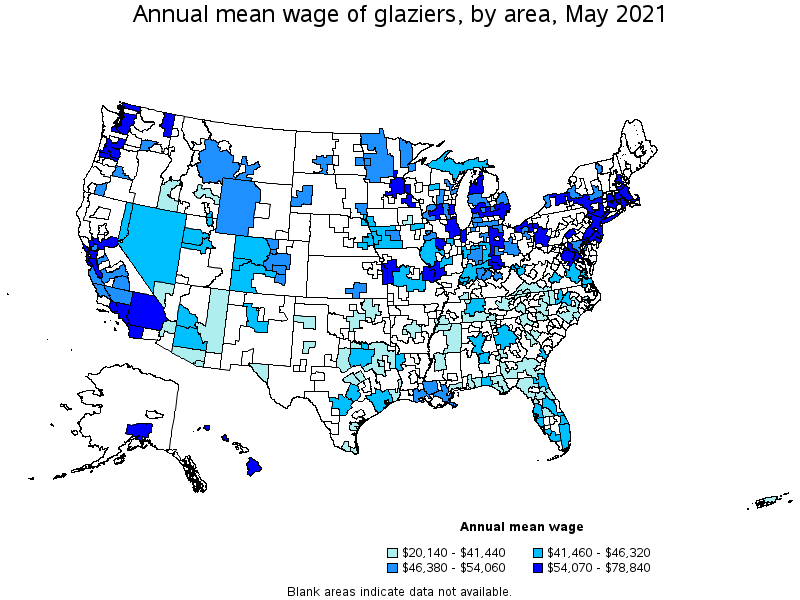 Map of annual mean wages of glaziers by area, May 2021