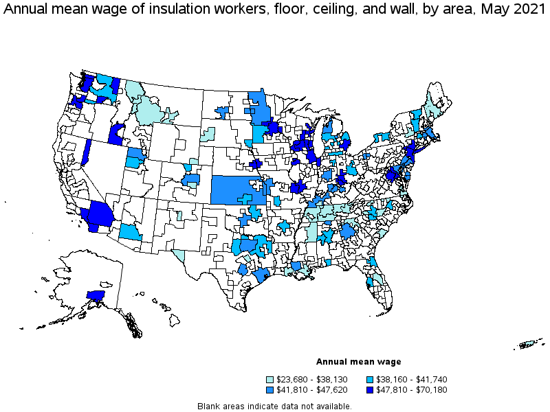 Map of annual mean wages of insulation workers, floor, ceiling, and wall by area, May 2021