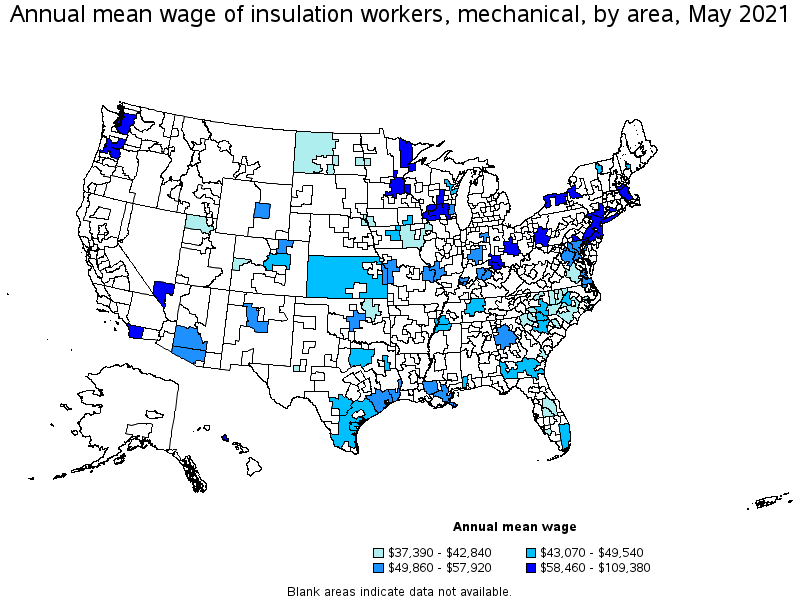 Map of annual mean wages of insulation workers, mechanical by area, May 2021