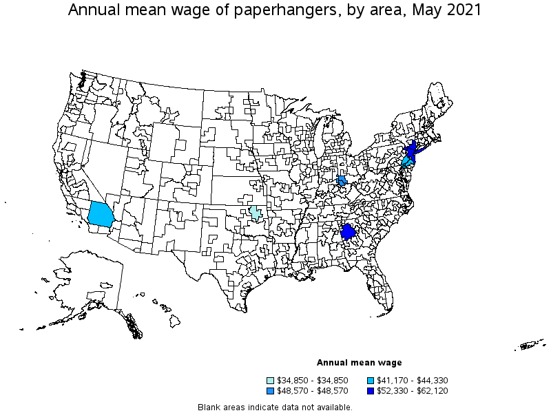Map of annual mean wages of paperhangers by area, May 2021