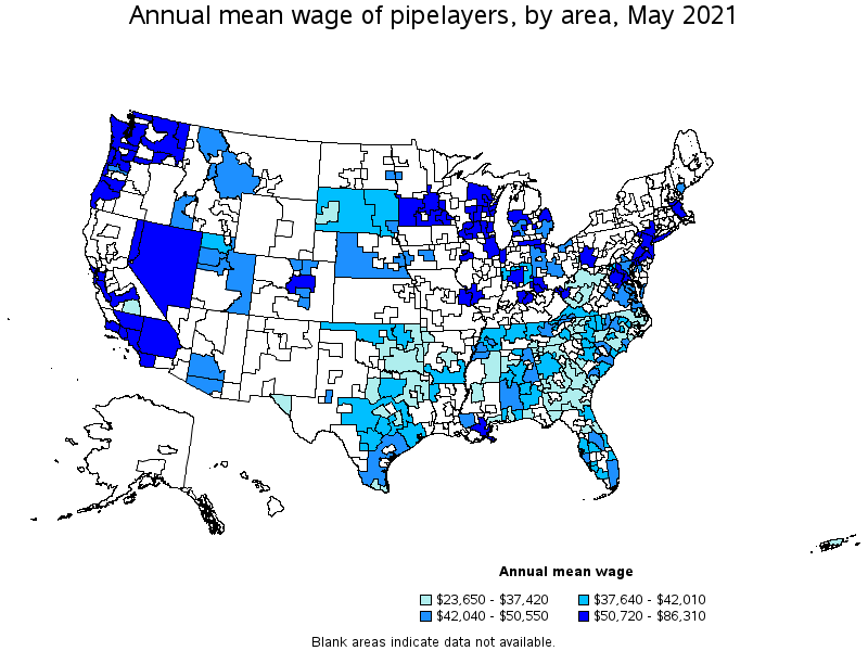 Map of annual mean wages of pipelayers by area, May 2021