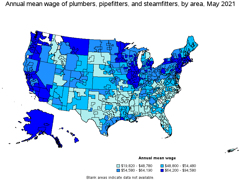Map of annual mean wages of plumbers, pipefitters, and steamfitters by area, May 2021