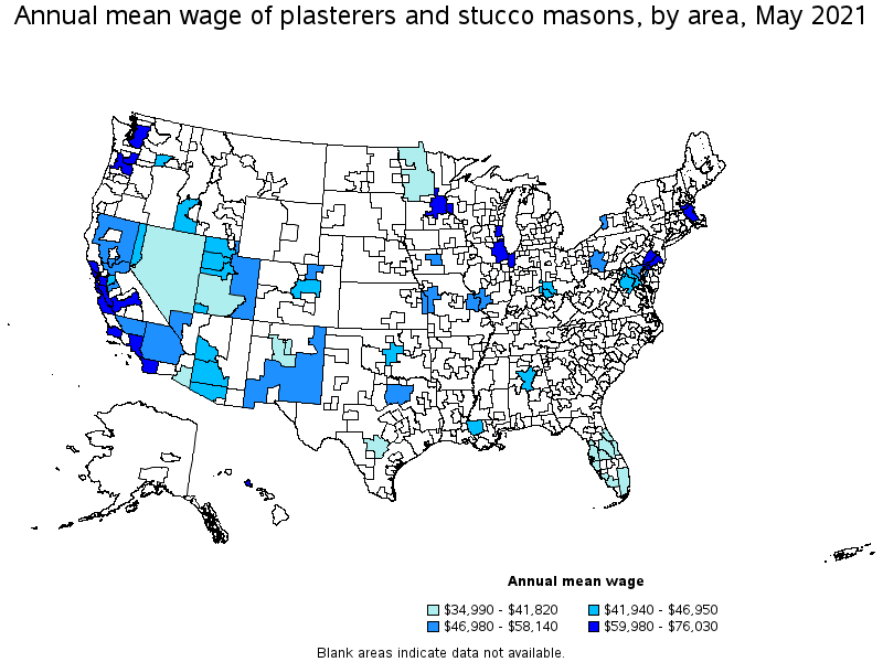Map of annual mean wages of plasterers and stucco masons by area, May 2021