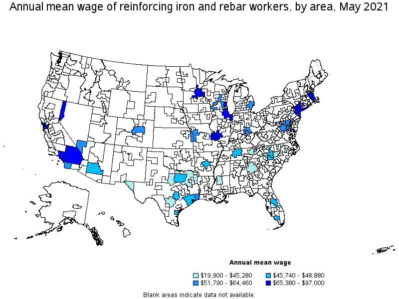 Map of annual mean wages of reinforcing iron and rebar workers by area, May 2021