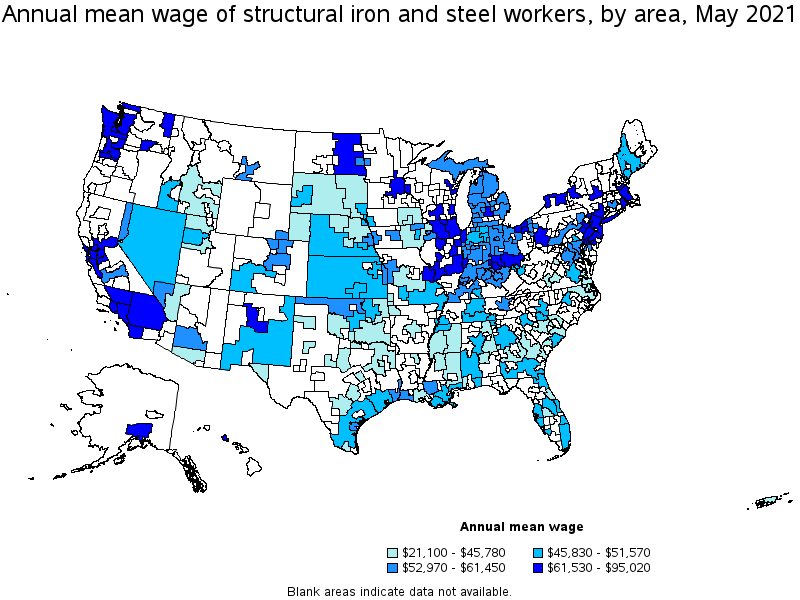 Map of annual mean wages of structural iron and steel workers by area, May 2021