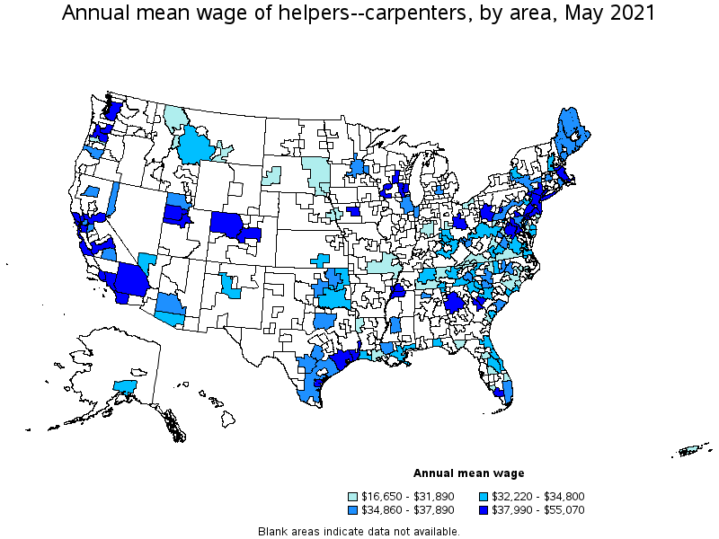 Map of annual mean wages of helpers--carpenters by area, May 2021